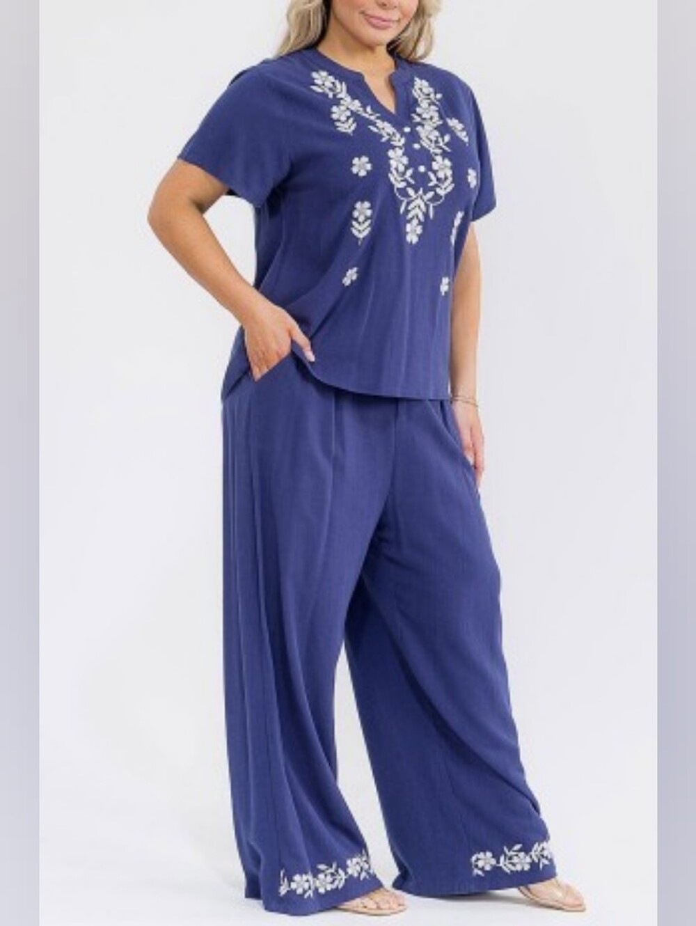 ⭐P4-0604 Cotton Embroidered Navy Two-Piece Summer Vacation Set